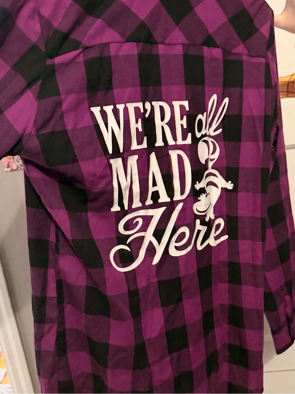 Disney Purple and Black Plaid Button-Down Shirt - "We're All Mad Here" Graphic